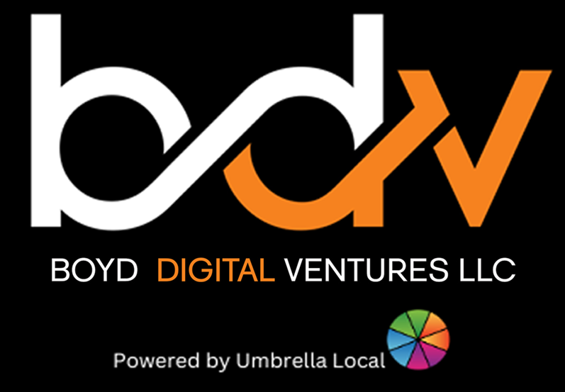 The image displays the logo of "Boyd Digital Ventures LLC," stylized with the letters "BDV" in a unique font. The "B" and "V" are black, while the "D" is orange, forming a continuous design. Below the logo, the full name of the company is spelled out in a clear, simple typeface. Additionally, there's a tagline or affiliation noted as "Powered by Umbrella Local," accompanied by a colorful wheel logo representing Umbrella Local. The overall design is modern and professional, suggesting a focus on digital business solutions.