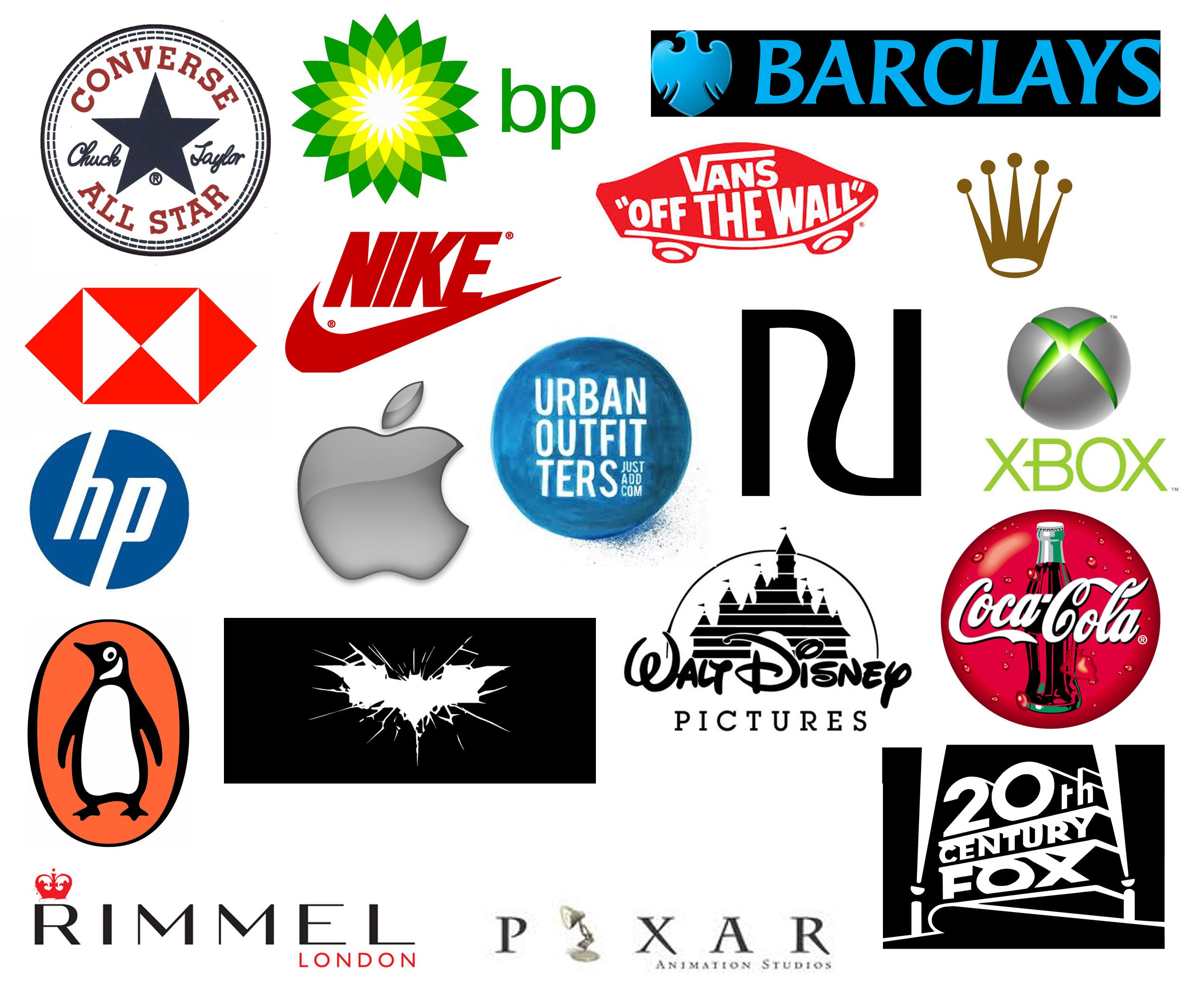 A collage of various well-known corporate logos. Each logo represents a distinctive brand with recognizable designs, such as the swoosh for Nike, the apple for Apple, and the Coca-Cola bottle.