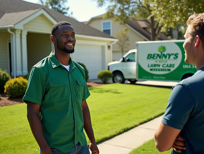 A lawncare professional speaking with a client