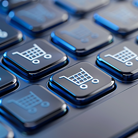 The image portrays a close-up view of several glossy, dark blue computer keys, each prominently featuring a white shopping cart icon. This visual metaphor suggests themes related to e-commerce, online shopping, or digital marketplaces. The keys appear tactile and are designed to represent a user interface element, possibly hinting at the ease of accessing shopping or checkout functions on a digital device. The depth of field is shallow, focusing sharply on the foreground while the background keys gradually blur, enhancing the three-dimensional effect and emphasizing the primary subject in the composition.