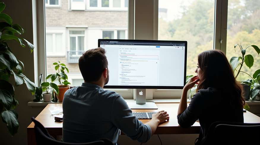 The image features a young woman working intently at her computer in a bustling office environment. The warm glow of the sunset or a light fixture casts a soft, ambient light across her workspace, highlighting her focus and the busy backdrop of colleagues around her. Her workstation is equipped with a modern, flat-screen monitor, and she appears deeply engrossed in her task. This setting suggests a creative or tech-oriented workspace, emphasizing collaboration and productivity.