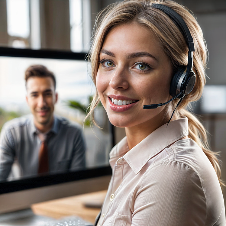 The image shows a professional young woman wearing a headset, positioned in the foreground with a warm smile, indicating she might be engaged in a customer service or consultant role. Her light hair and smart-casual attire contribute to her approachable demeanor. Behind her, slightly out of focus, is a male colleague who also appears to be engaged in his work, further suggesting a collaborative and busy office environment. The interior is modern and well-lit, emphasizing a positive and productive workspace.