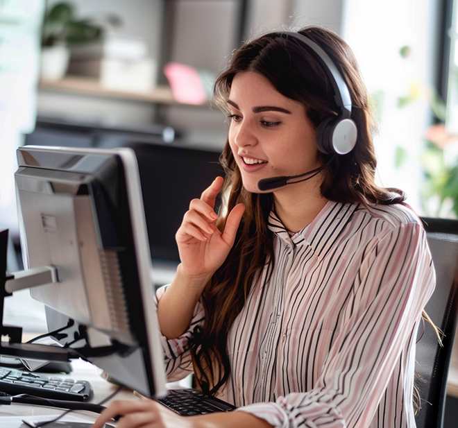 This image depicts a young woman at her office desk, engaged in a conversation through her headset, likely assisting a customer or participating in a virtual meeting. She has long, dark hair and is wearing a striped, button-up shirt. Her expression is friendly and attentive as she gestures with one hand, perhaps explaining something or emphasizing a point. The office setting is well-lit and features a modern aesthetic, with a large monitor, keyboard, and various office supplies on her desk.